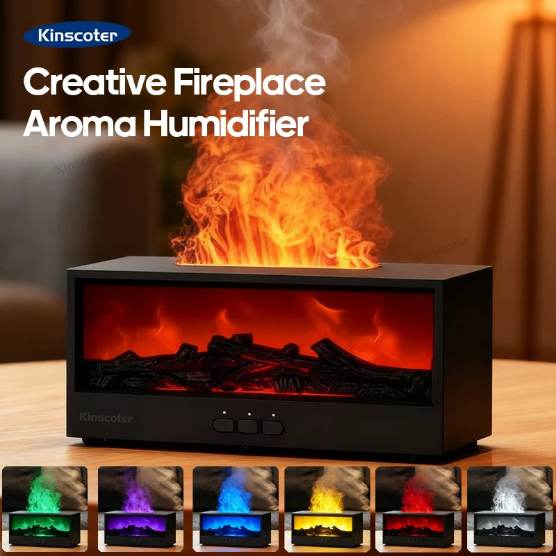 Simulated Fireplace Aroma Diffuser Essential Oil Flame Air Humidifier Remote Control Colorful Ambiance Night Light Creative Gift
