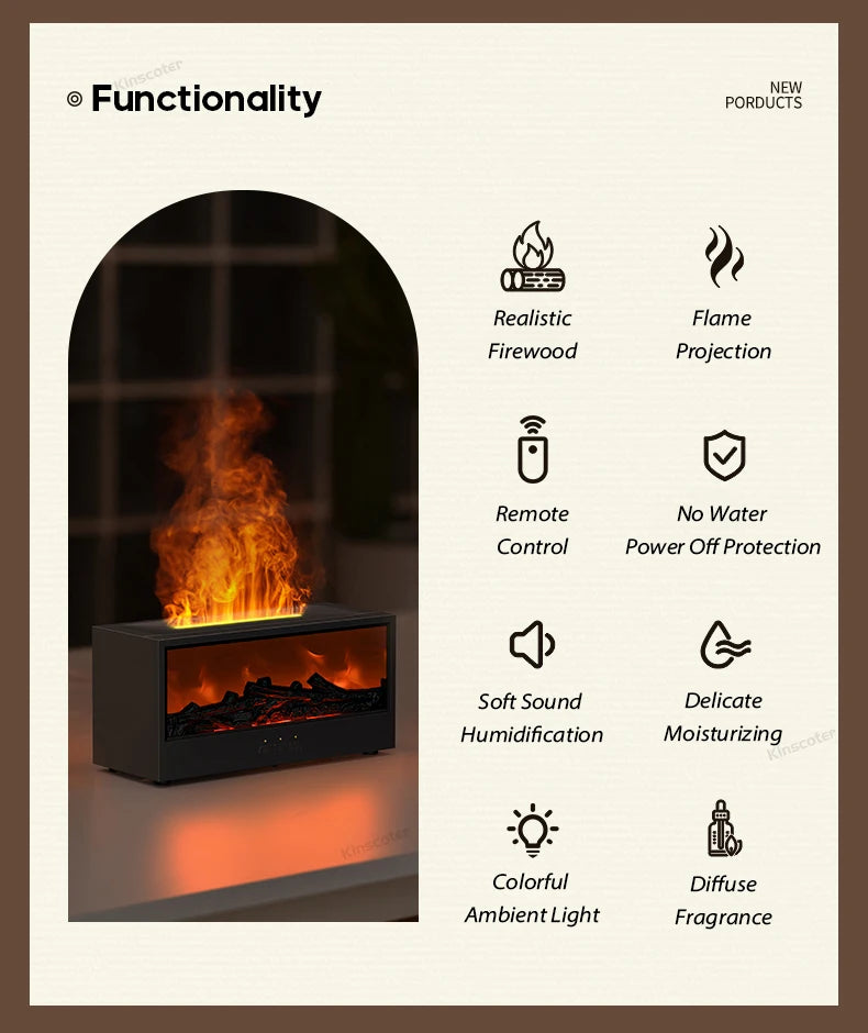 Simulated Fireplace Aroma Diffuser Essential Oil Flame Air Humidifier Remote Control Colorful Ambiance Night Light Creative Gift